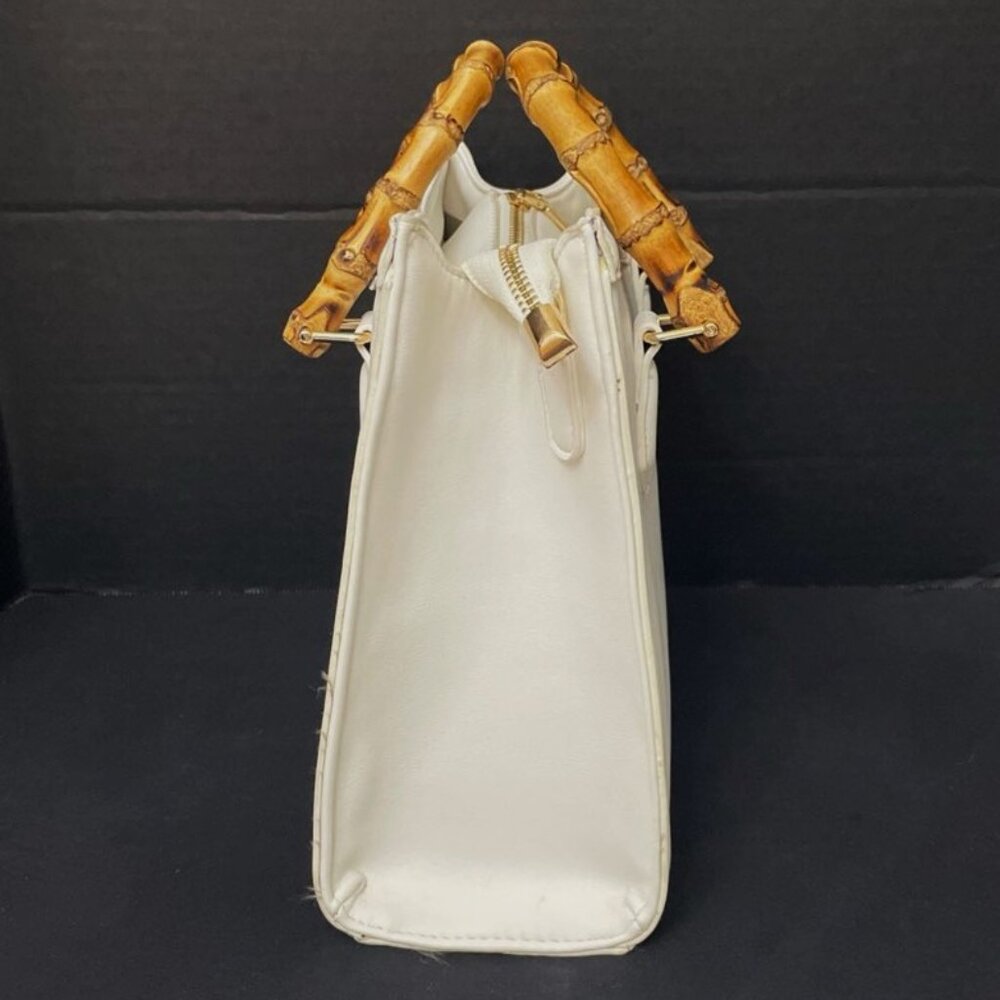 White Faux Leather Handbag w/ Bamboo Double Handles Free Standing Footed - Picture 4 of 11